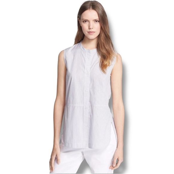 Vince Tops - Vince White Pinstripe High Neck Button Down Side Slits Sleeveless Blouse/Tunic